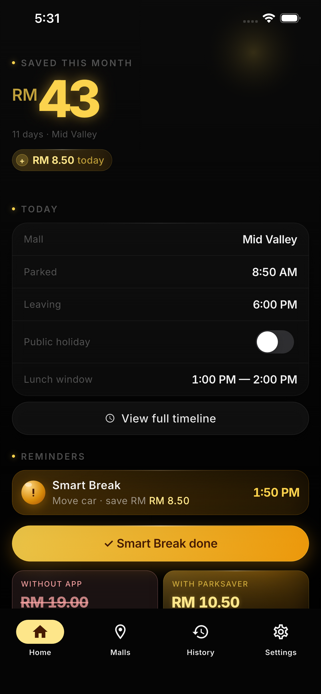ParkSaver home screen showing RM 43 saved this month