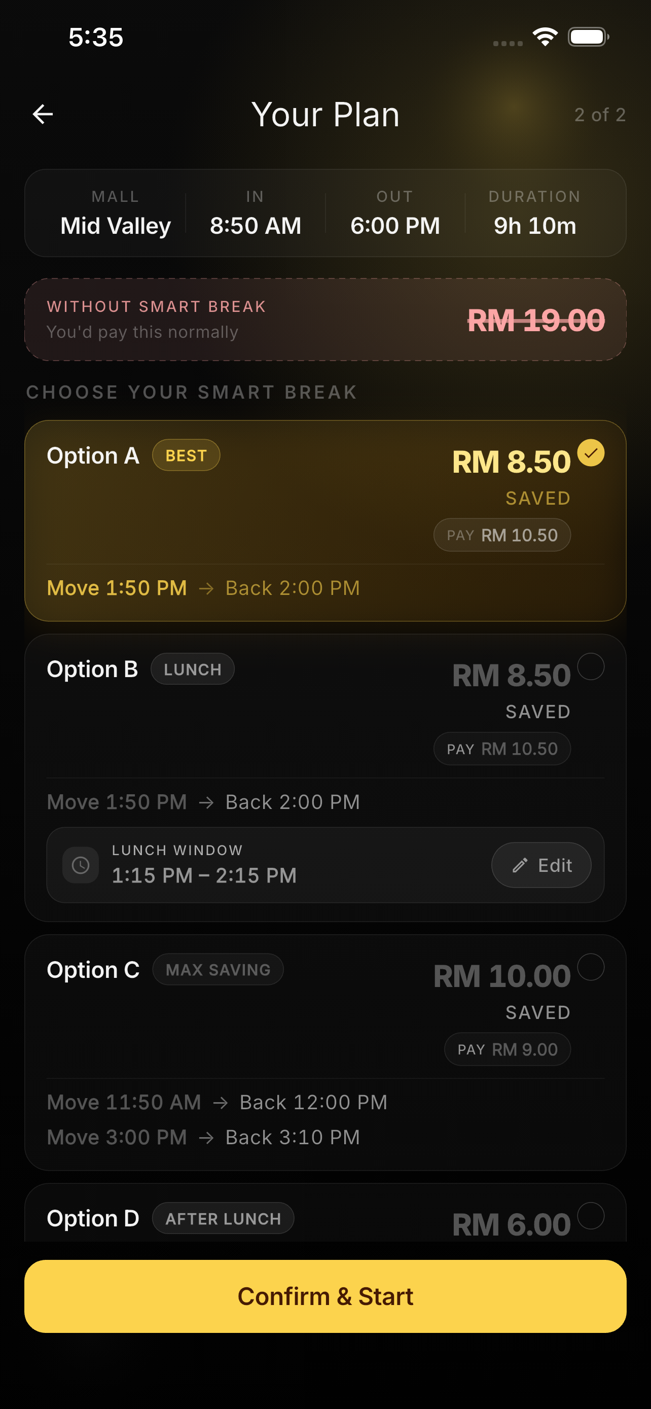 Your Plan screen with Smart Break options